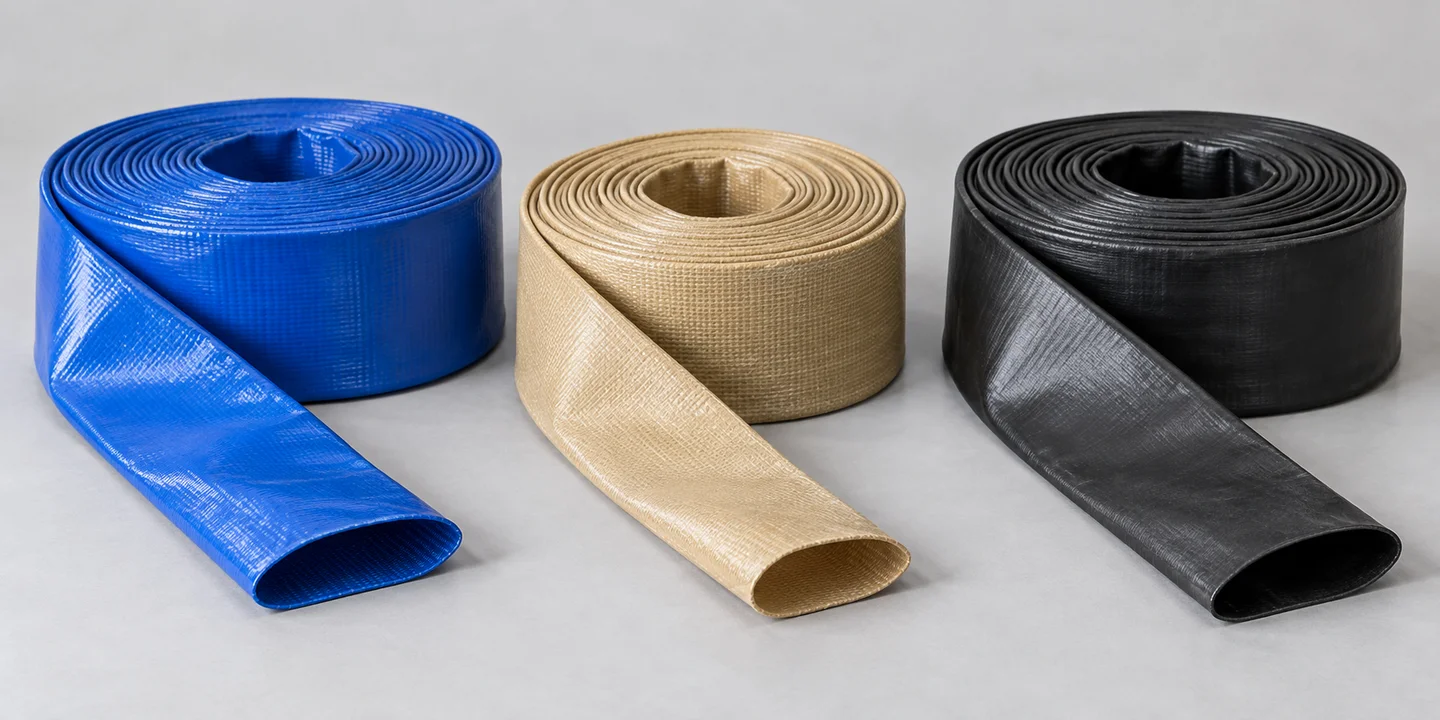 Illustrative rolls of PVC, polyurethane and nitrile rubber layflat hose